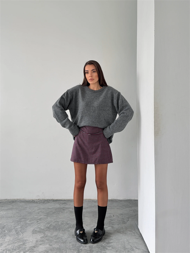 Bel Bağlama Ekose Mini Etek - Bordo