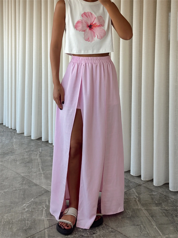 İçi Şortlu Derin Yırtmaç Maxi Etek - Pembe