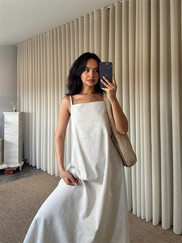 Cepli Keten Elbise - Krem