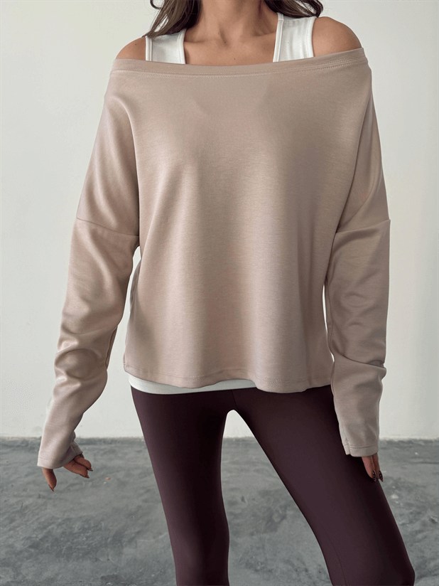 Düşük Omuz Atletli Bluz - Bej
