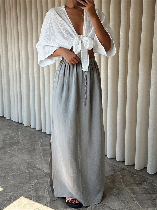 Müslin Yırtmaçlı Uzun Etek - Gri