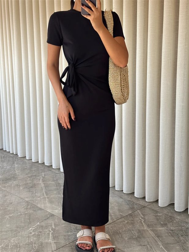 Bağlamalı Modal  Kumaş Elbise - Siyah