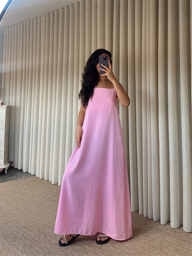 Cepli Keten Elbise - Pembe