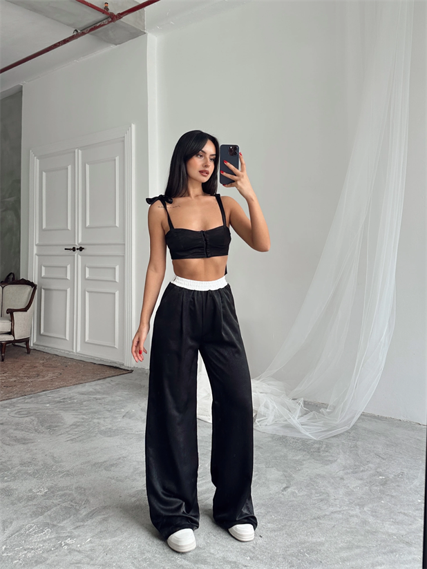 Kemer Detaylı Palazzo Pantolon - Siyah