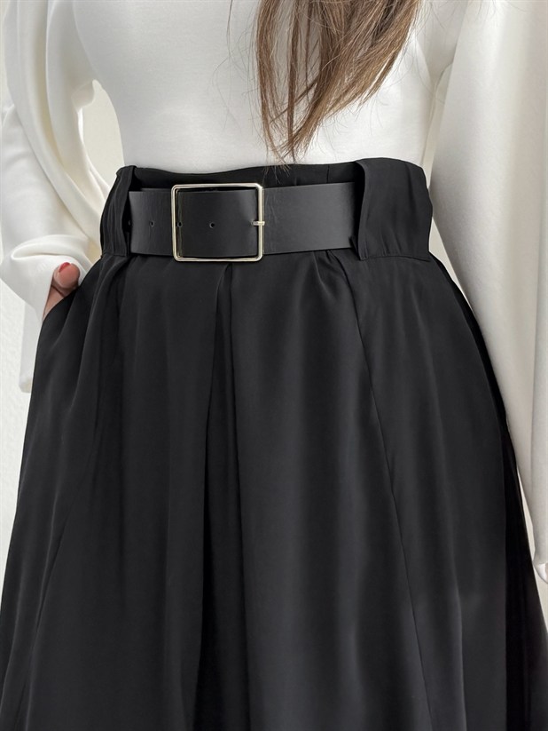 Tensel Kumaş Kemerli Kloş Etek - Siyah