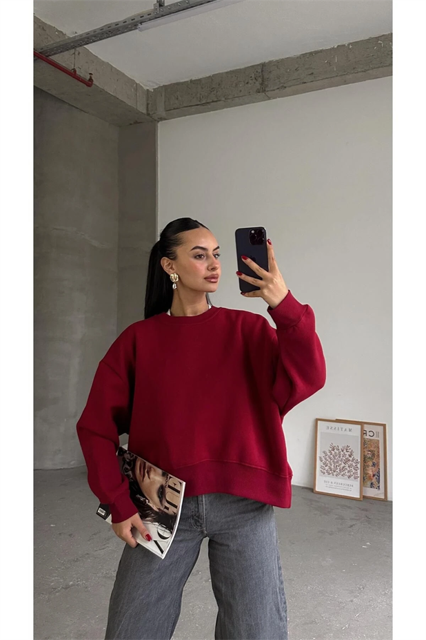 Sage Bisiklet Yaka Sweatshirt Bordo - Bordo