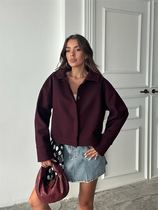 Kaşe Crop Mont - Mürdüm