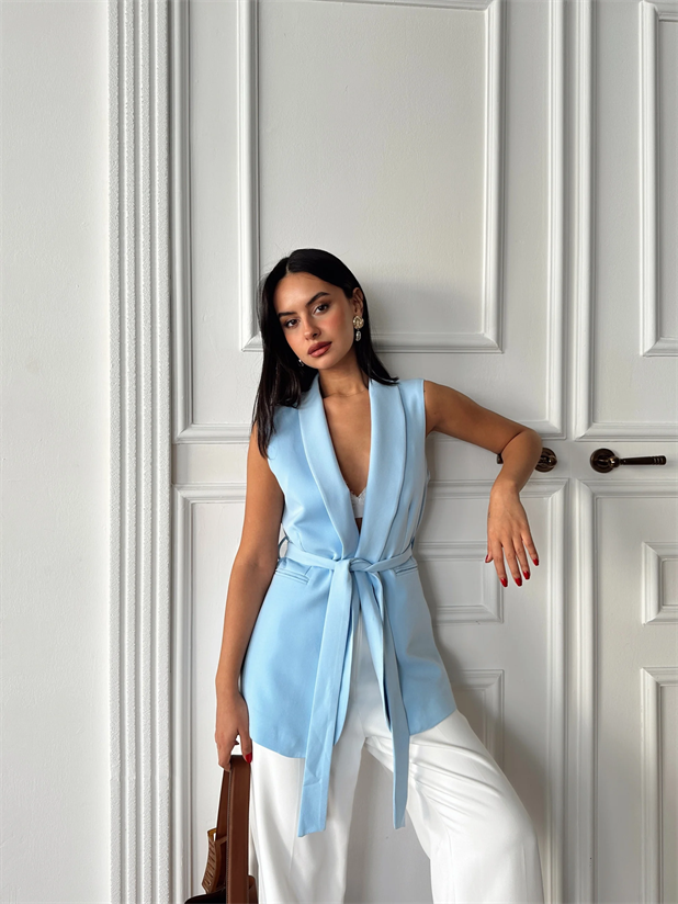 Bağlamalı Blazer Yelek  - Bebe Mavi