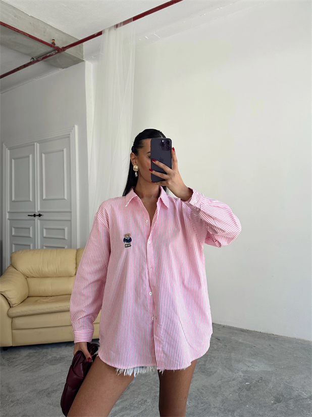 Bear Nakışlı Çizgili Gömlek - Pembe