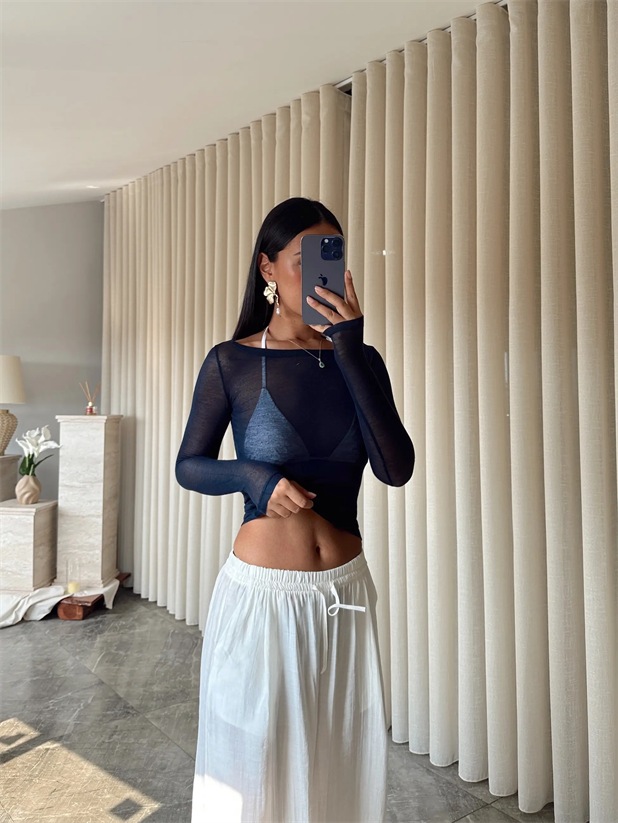 Kayık Yaka Transparan Bluz  - Lacivert