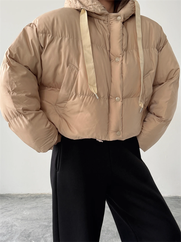 Oversize Kapüşonlu Şişme Mont - Taş