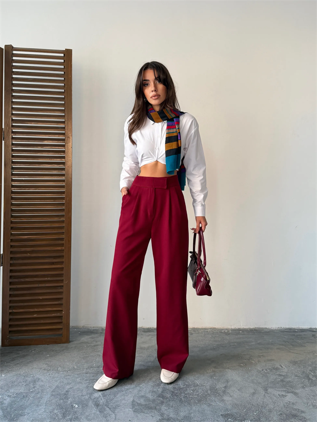 Bel Cırtlı Palazzo Pantolon  - Bordo