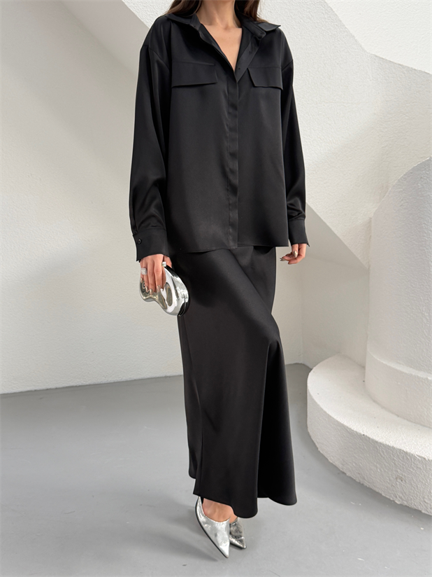 Krep Saten Gömlekli Takım - Siyah