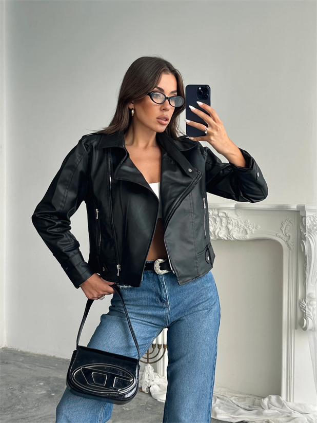 Yandan Fermuarlı Deri Ceket - Siyah