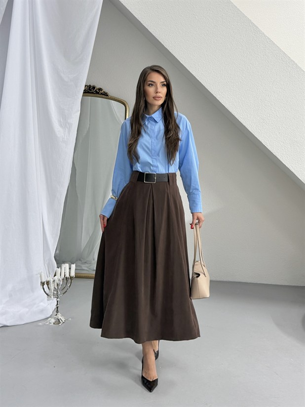 Tensel Kumaş Kemerli Kloş Etek - Kahve