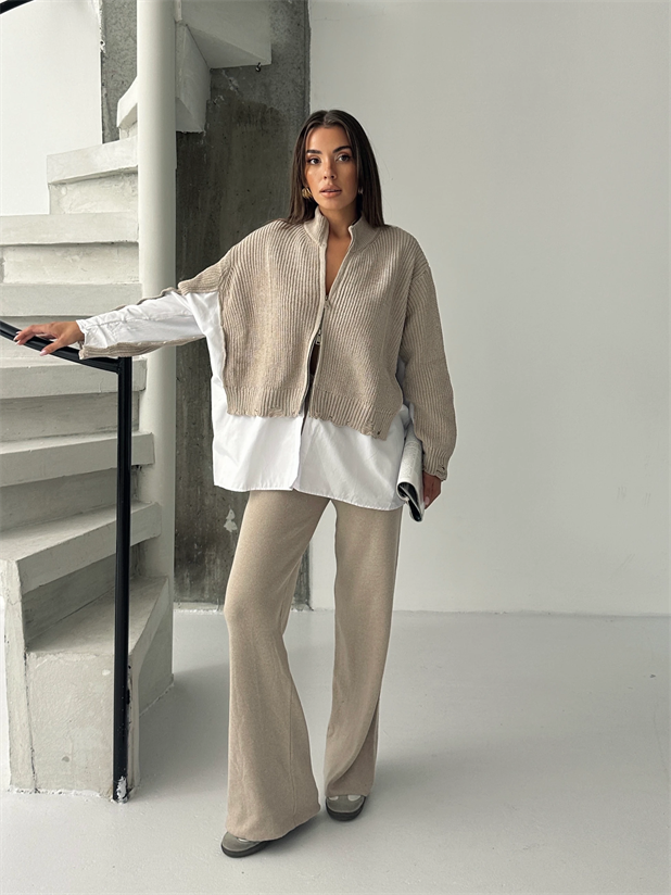 Poplin Fermuarlı Triko Takım - Vizon