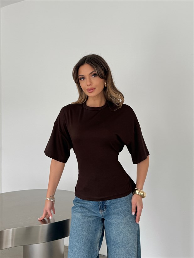 Bisiklet Yaka Biyeli Modal Bluz - Kahve