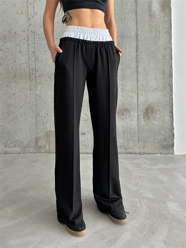 İzya Beli Lastikli Palazzo Eşofman Siyah - Siyah