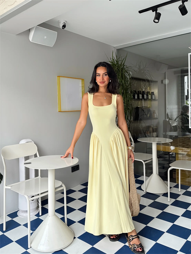 Korse Detaylı Midi Elbise - Sarı