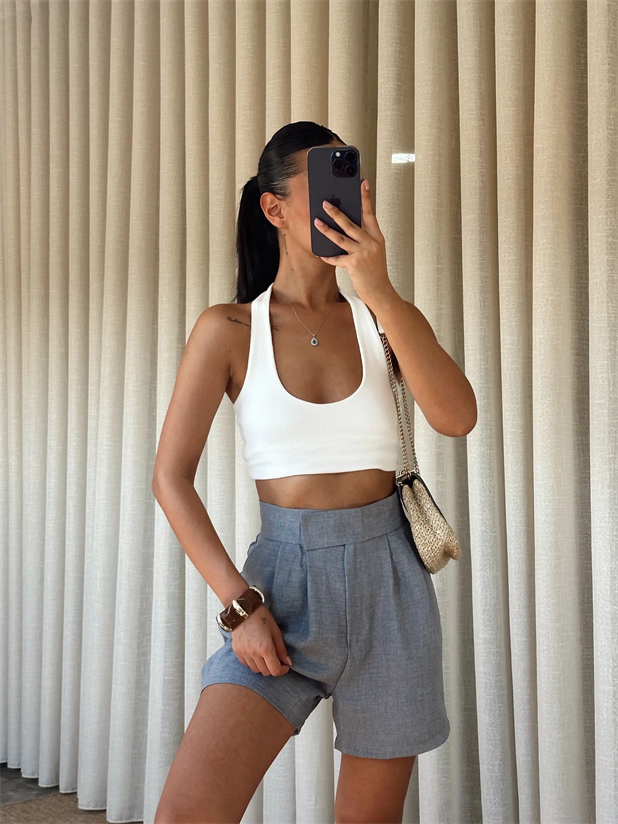 Cırtlı Keten Şort - Gri