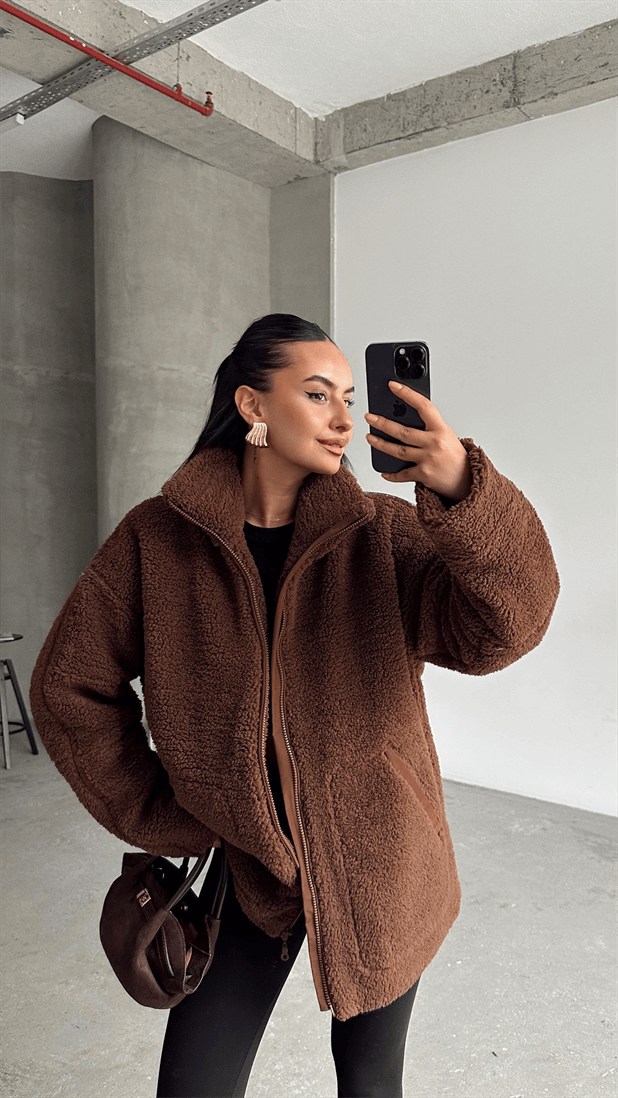 İç Astarlı Oversize Peluş Mont  - Kahverengi