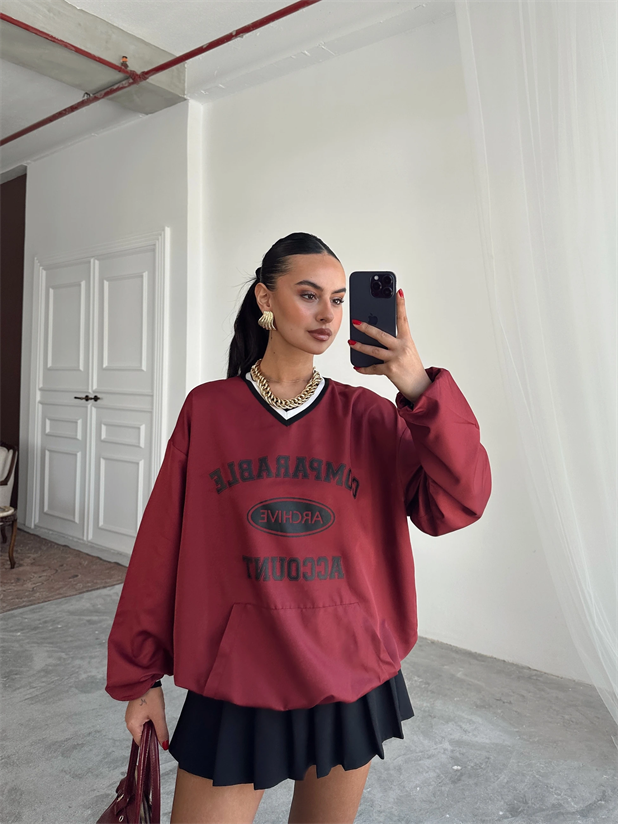 Önü Baskılı Şerit Detay Sweat - Bordo