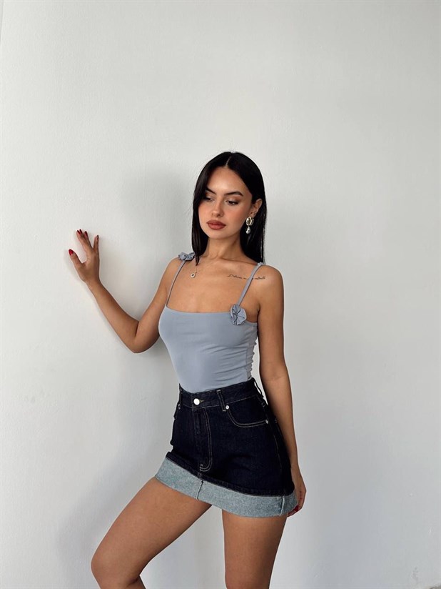 Gül Detaylı Bodysuit - Gri