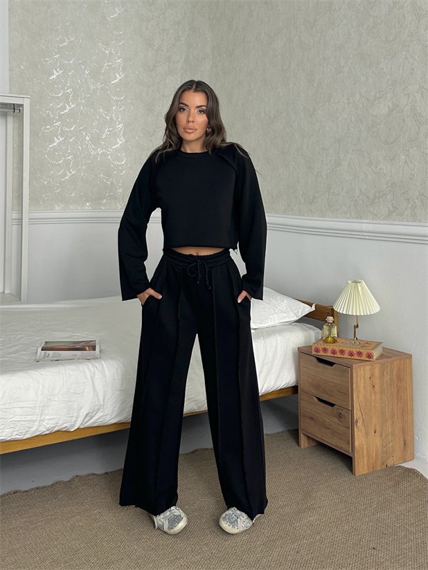 Uzun Kol Ters Dikiş Takım - Siyah