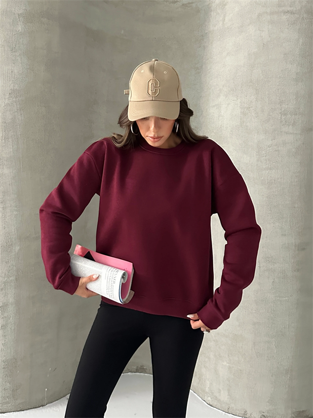 Düz Basic Sweatshırt - Bordo