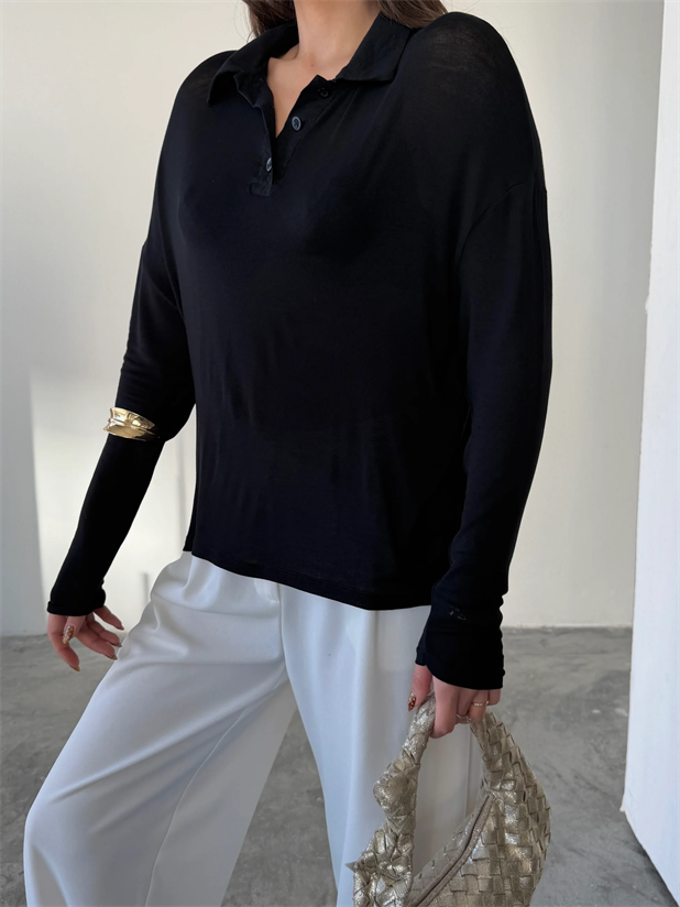 Polo Yaka Salaş Bluz - Siyah