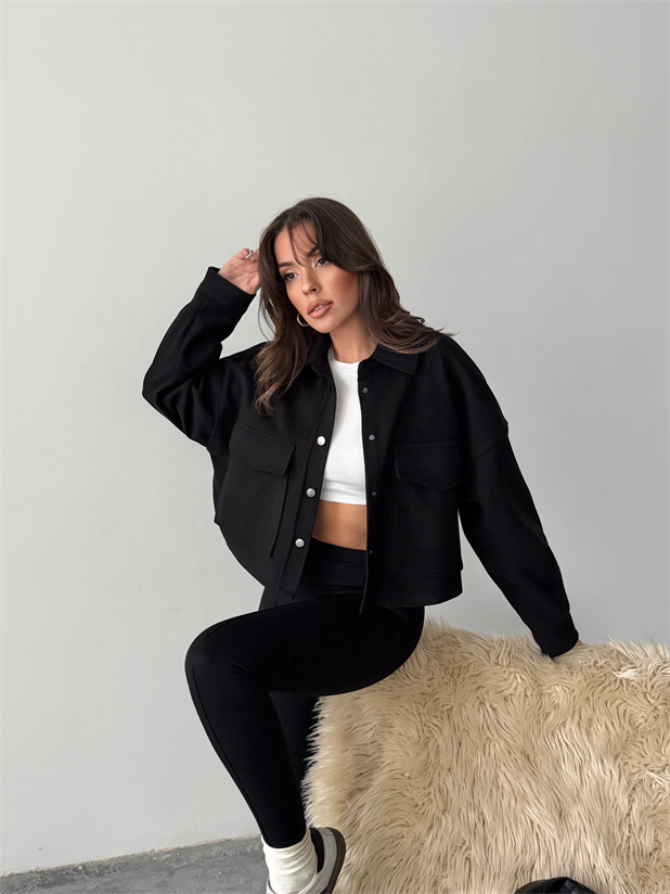 Metal Çıtçıtlı Kaşe Ceket  - Siyah