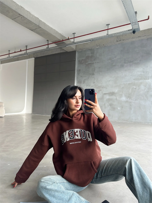 Queens Üç İplik Kapüşonlu Oversize Sweat Kahverengi - Kahverengi