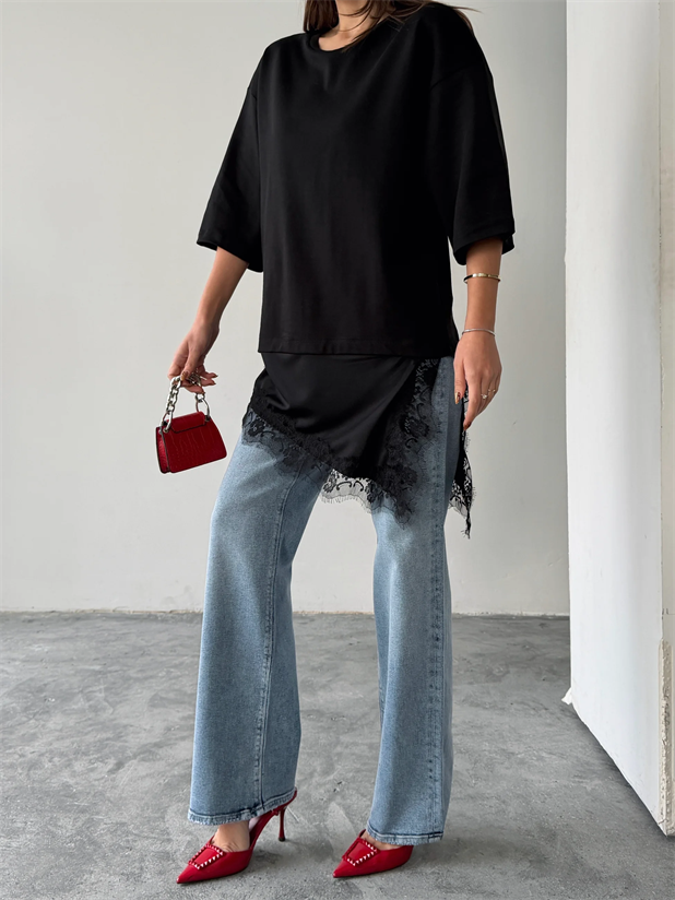 Dantel Detaylı Oversize Basic - Siyah
