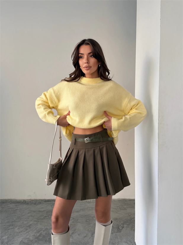 Kemerli Pileli Mini Etek - Haki Yeşil