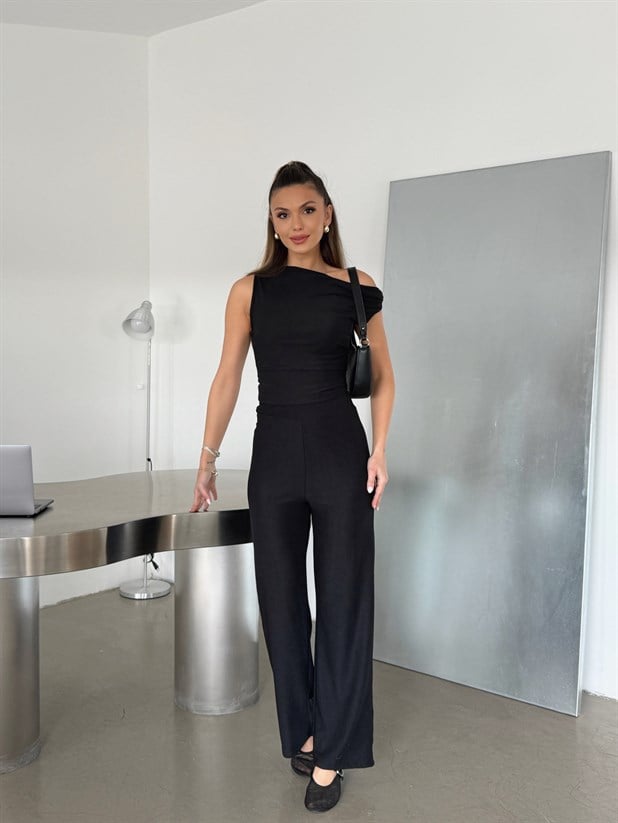 Dökümlü Bluz Pantolon Takım - Siyah