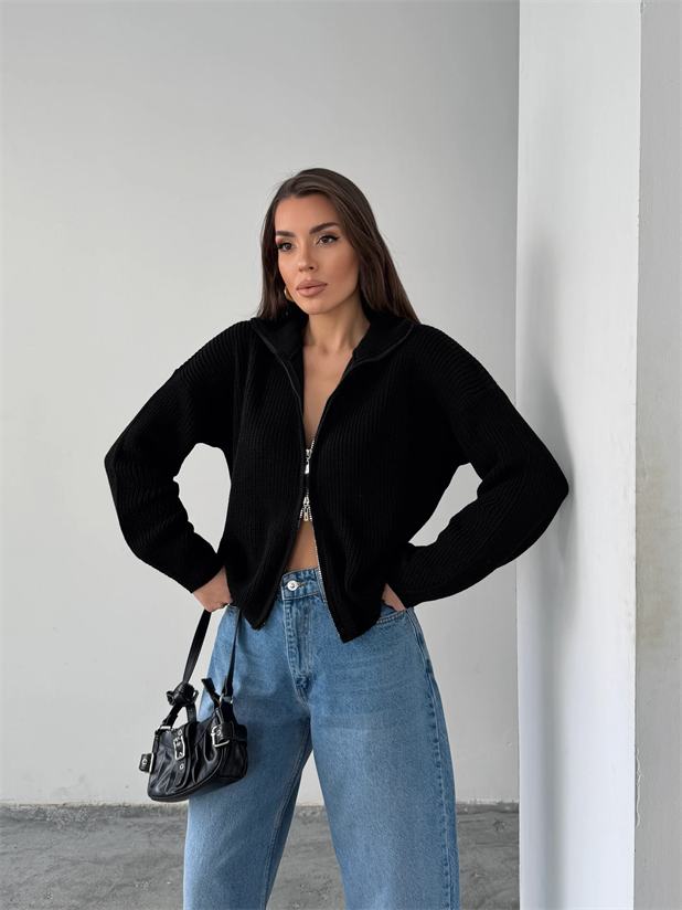 Çift Fermuarlı Triko - Siyah