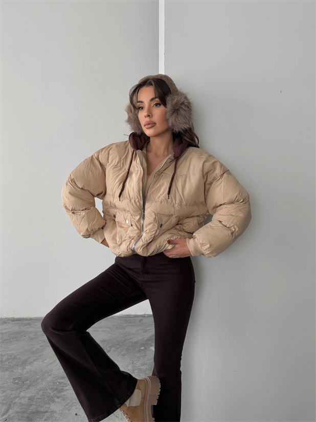 Kapüşonlu Şişme Mont - Taş