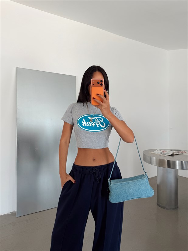 Freak Baskılı Crop Basic - Gri