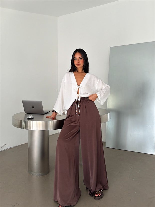 Bol Paça Saten Pantolon - Kahve