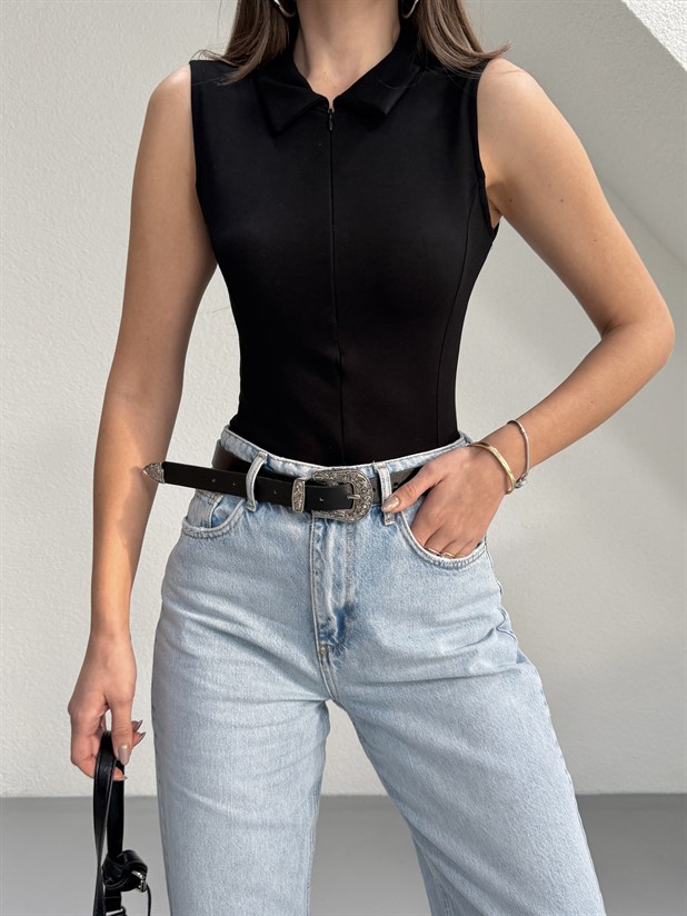 Polo Yaka Sıfır Kol Bluz - Siyah