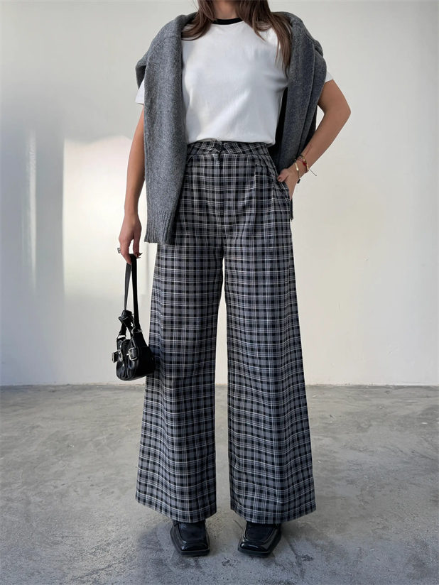 Ekose Üç Pile Palazzo Pantolon  - Siyah