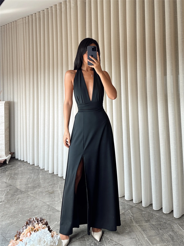 Bel Ve Boyun Bağlamalı Elbise - Siyah