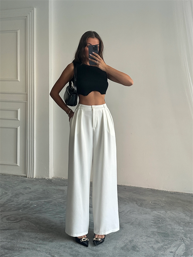 Üç Pile Palazzo Pantolon - Beyaz