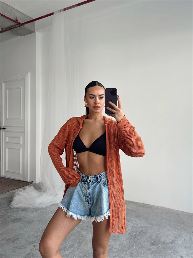 Beyli Ajur Polo Yaka Hırka Kiremit - Kiremit