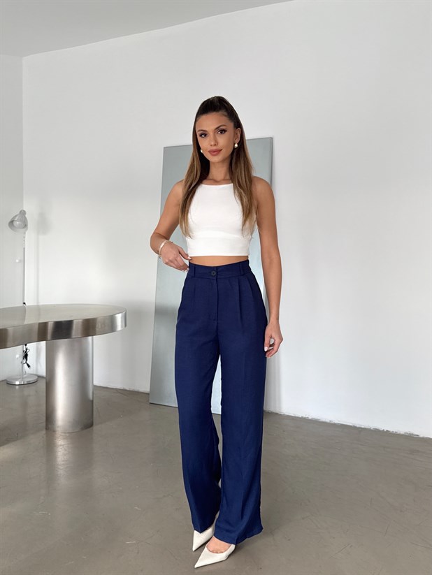 Arka Beli Lastikli Keten Pantolon - Lacivert