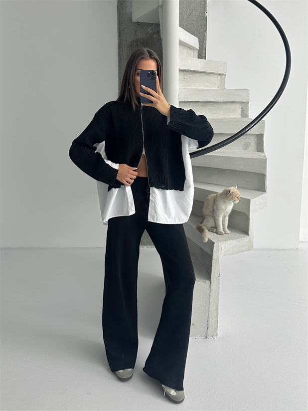 Poplin Fermuarlı Triko Takım - Siyah