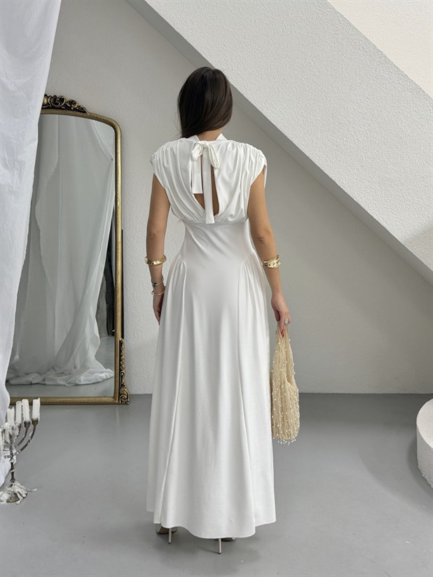 Korse Detaylı Drapeli Elbise - Ekru