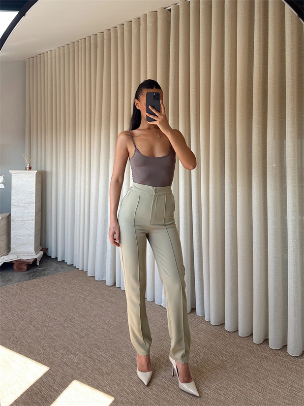 Beli Lastikli Çımalı Pantolon  - Haki Yeşil