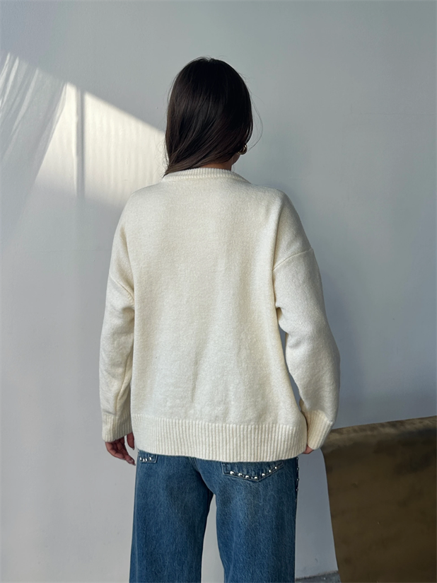 Yıkamalı Şardonlu Triko Kazak - Ekru