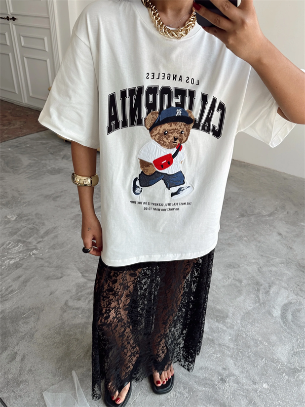 Oversize Bear Nakışlı T-shirt - Ekru